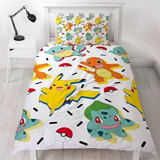 Pokemon Single Duvet Cover | Reversible Two Sided Fun Pokemon Bedding Featuring Pikachu, Squirtle & Charmander With Matching Pillow Case