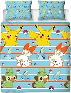 Pokemon Jump Double Duvet Cover | Featuring Pikachu, Grookey, Scorbunny, and Sobble Inc | Officially Licensed Blue Polyester Reversible Two Sided Design
