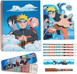 Naruto Stationery Set with Colouring Pencils Tin Pencil Case Childrens Notebooks Bumper Stationery Pack Anime Stationery Set School Supplies Anime Gifts for Boys