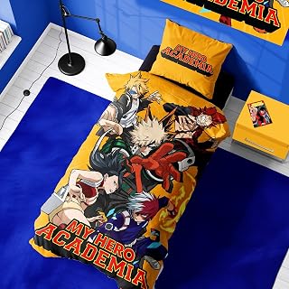 Halantex My Hero Academia Single Reversible Duvet Set â€“ 135 x 200 cm with Pillowcase â€“ Featuring Midoriya, Bakugo & Todoroki for Anime Fans, Machine Washable