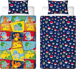 Pokemon Officially Licensed Single Kids Duvet Cover Set | Pikachu Bulbasaur Charmander Squirtle Design Reversible 2 Sided Bedding with Matching Pillowcase | Childrens Single Bed Set