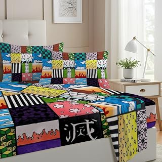 Allenjoy Full Size Demon Battles Fitted Sheet Anime Bed Flat Sheets Bedding Set Deep Pockets Up to 16" Bedroom Decor with 2 Pillowcases SC00040-009