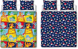 Pokemon Official Double Duvet Cover Set, Retro Design | Blue Reversible Pikachu Squirtle Charmander 2 Sided Bedding Cover Official Merchandise Including Matching Pillow Cases