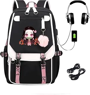 Anime Demon Slayer School Rucksack Laptop Backpack for Girls Boys with USB Charging Port and Headphone Port