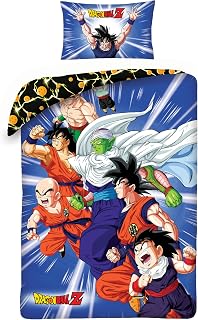 Halantex Dragon Ball Z Single Duvet Cover Set – Reversible Anime Blue Bedding for Kids | Ultra-Soft Microfibre | Goku & Fighters Design | 135x200cm + Pillowcase | Easy-Care, Machine Washable (Single)