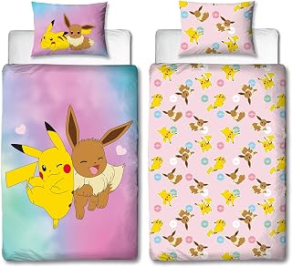 Pokemon Officially Licensed Single Kids Duvet Cover Set | Pikachu Eevee Design Reversible 2 Sided Bedding with Matching Pillowcase | Childrens Single Bed Set
