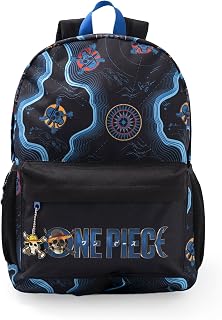 Unisex Kids Black Blue Backpack | Skull Map Graphic School Bag with Front Zip Pocket & Padded Straps | Mesh Side Pockets Carry Handle | Anime Merch
